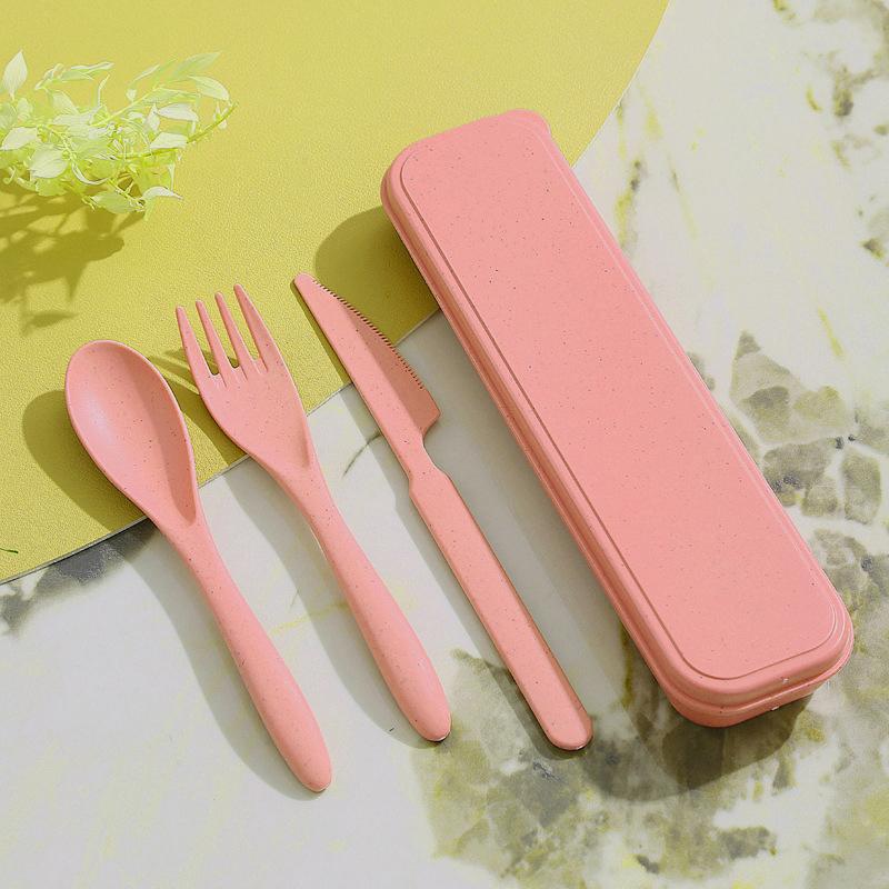 3Pcs Wheat Straw Dinnerware Set Portable Tableware Knife Fork Spoon Eco-Friendly Travel Cutlery Set Utensil Box Chopsticks Set