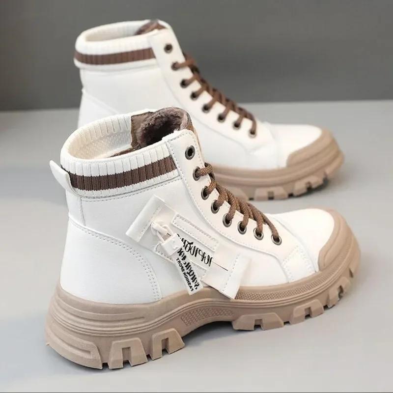New Lace Up Women Boots 2024 Winter Mid Top Ankle Boots with Plush and Warm Snow Boots Elevated Thick Sole Casual Short Boots