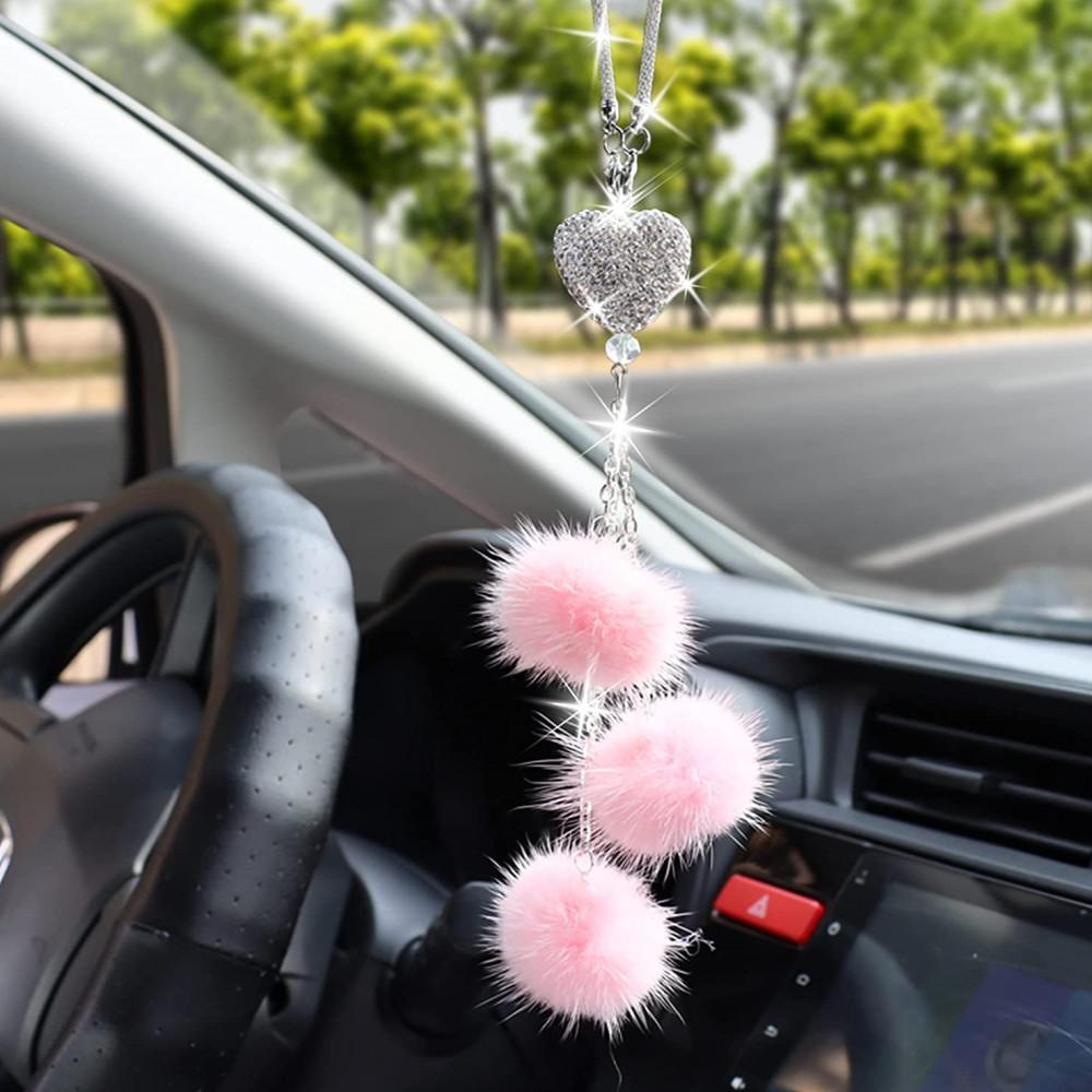 Bling Car Mirror Accessories for Women Men Love Heart and Pink Plush Ball Rinestones Car Accessories Car Rear View Mirror Charms