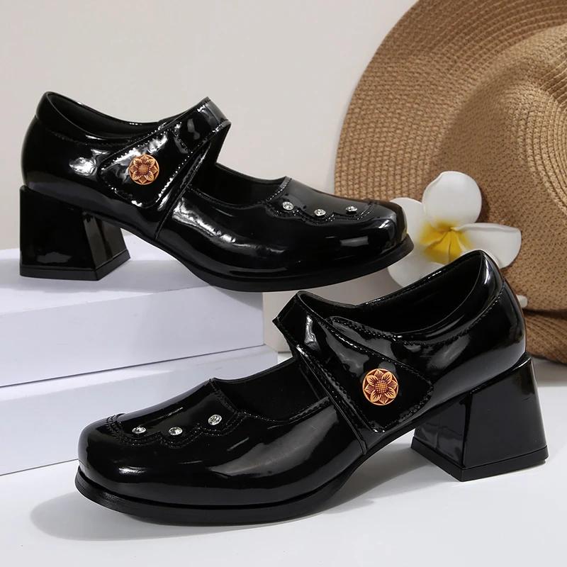 Waterproof Platform High Heels Women's Chunky Heel 2025 New Arrival Elegant Black Patent Leather Buckle Thick Sole Mary Jane