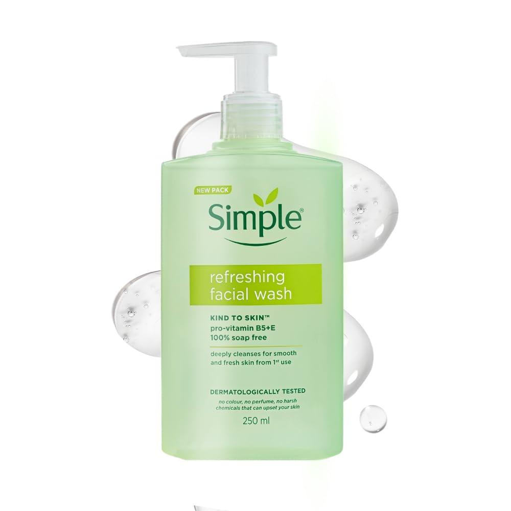 Simple Kind to Skin Refreshing Facial Wash | 100% Soap-Free Gentle Cleanser with Vitamin E & Glycerin | Perfect for Sensitive Skin, 250ml 250ML