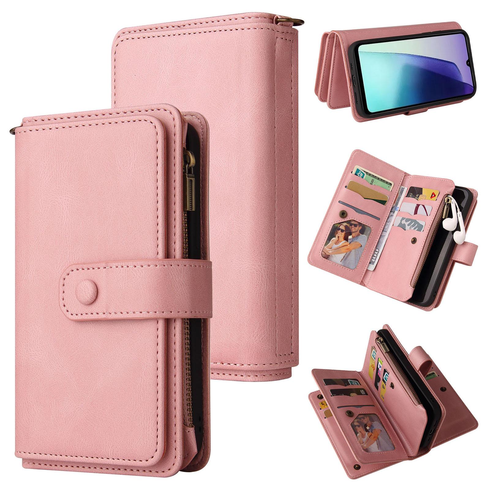 

For Xiaomi Poco C75 4G/Redmi 14R 5G/14C 4G Zipper Wallet Case with 15 Card Slots and Strap Leather Phone Cover Pink