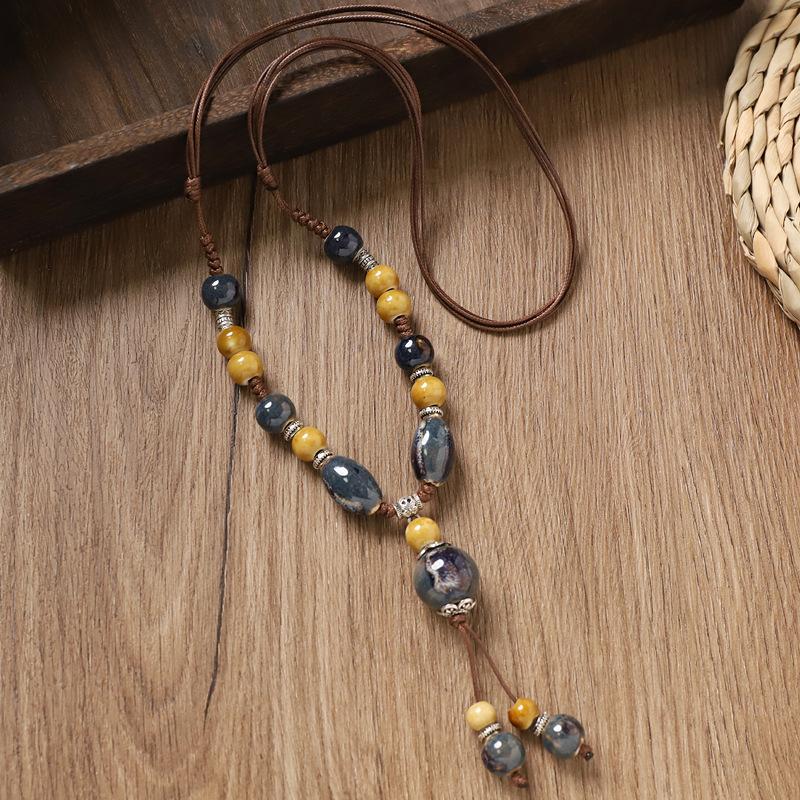 Retro Ceramic Beaded Necklace for Women, Handmade Long Sweater Chain, Ethnic Vintage Chinese Style Jewelry