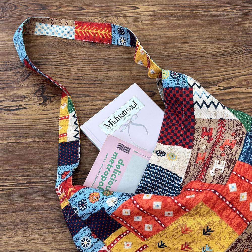 Retro Ethnic Color Block Patchwork Crossbody Bag - Large Capacity Canvas Shoulder Bag for Women