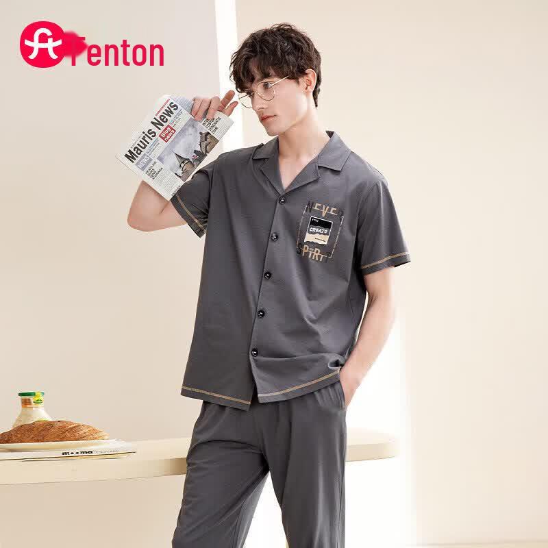 Fenteng Men s Pure Cotton Short-Sleeve Pajama Set XL