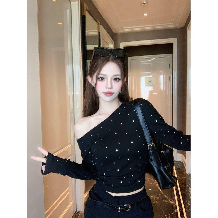 Women's Autumn Cold Shoulder Rhinestone T-shirt with Unique Ruching