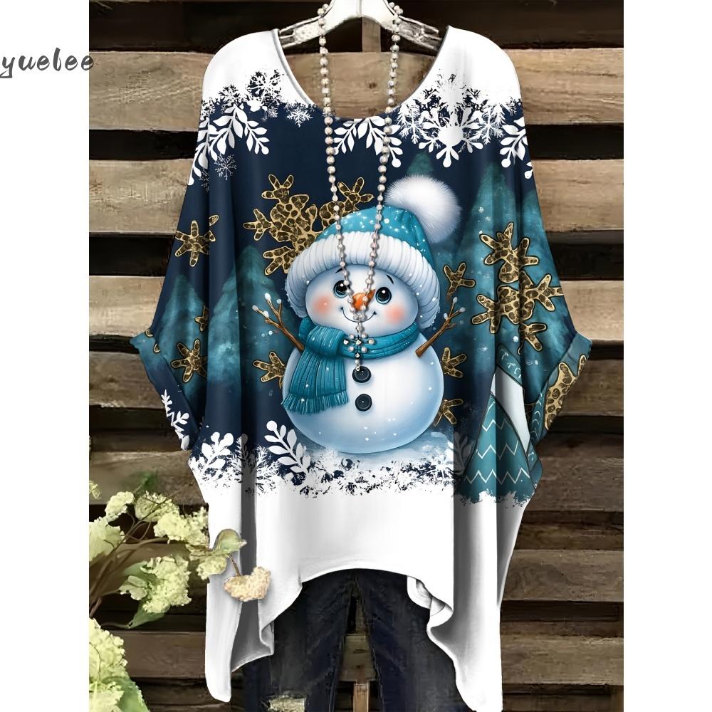 Christmas Snowman 3D Print Sweatshirts Women Fashion Casual Streetwear Round-Neck Asymmetric Hemp Pullovers Tops Woman Clothing