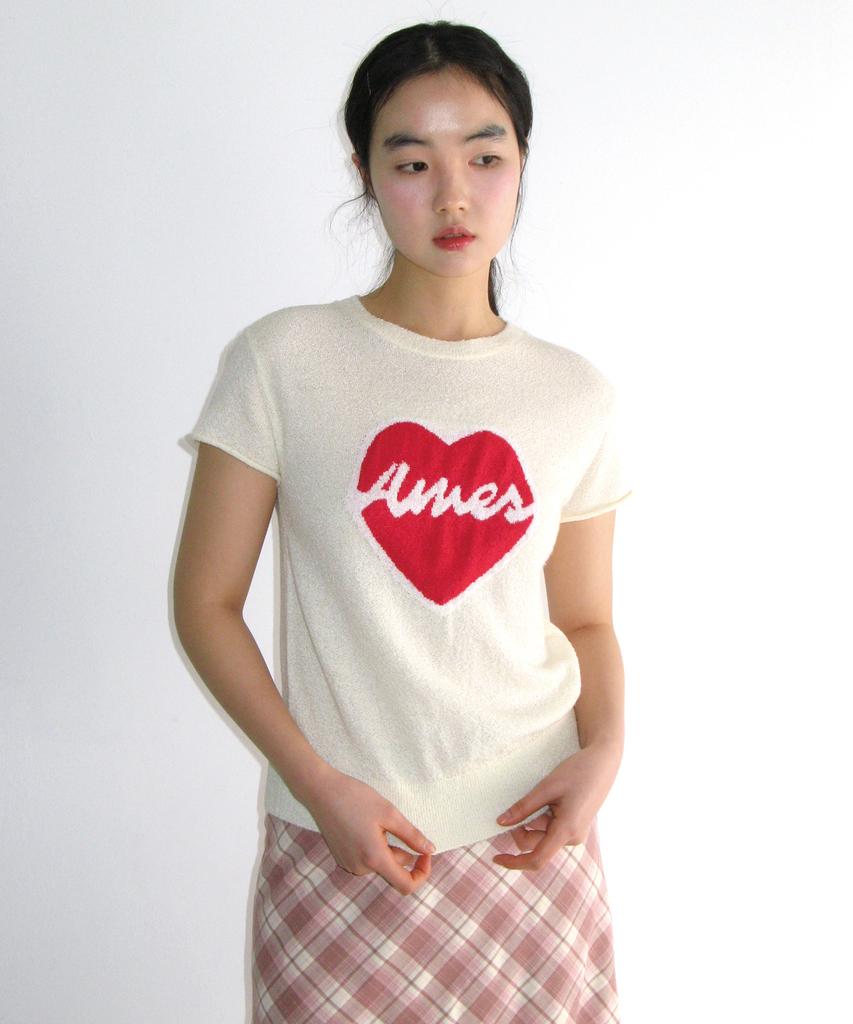 AMES-WORLDWIDE Heart Short Sleeve Knit Cream
