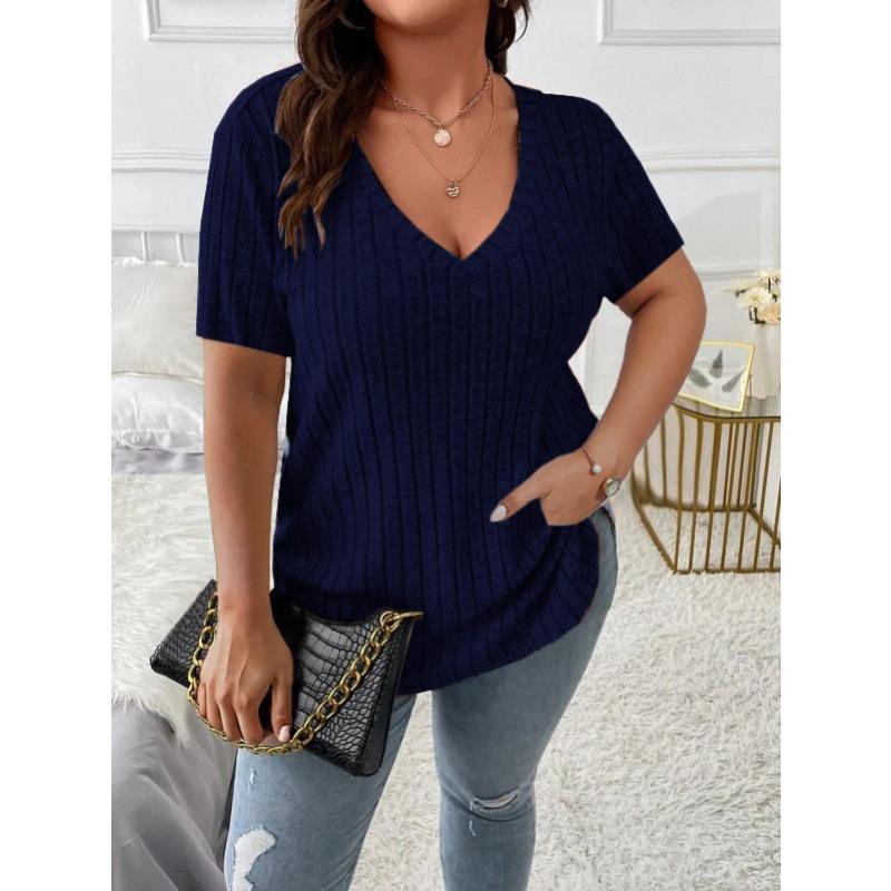 QICED Camicette e camicie da donna con scollo a V, maniche corte, stampa tinta unita casual alla moda