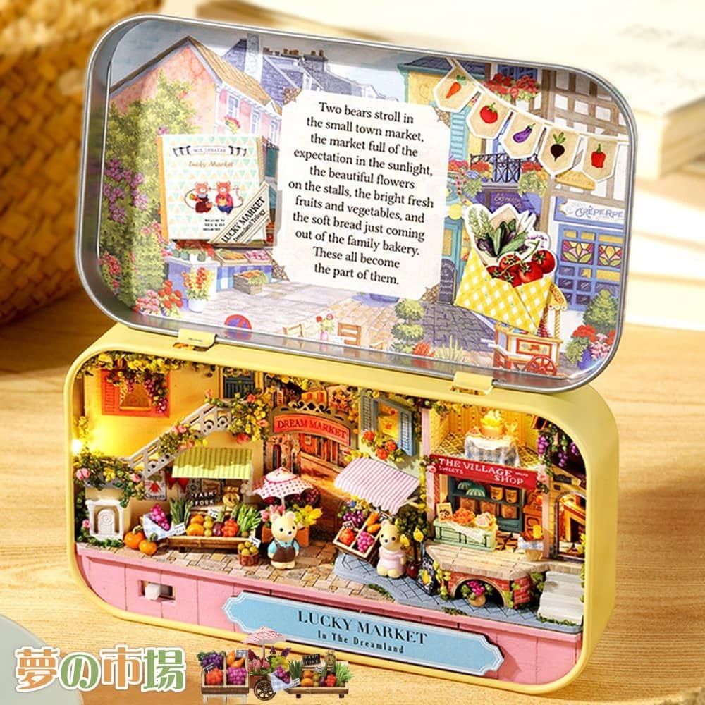 Moin Moin Dollhouse Miniature DIY Kit with LED Light and Display Stand Teddy Bear Storage Case for Beginners