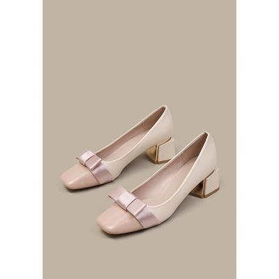 Weiches Leder Version quadratischer Kopf Schleife leichter Mund Einzelne Schuhe Damen Herbst Neu Kleiner Duft Stil Farbabstimmung Französisch Dicker Absatz High Heels
