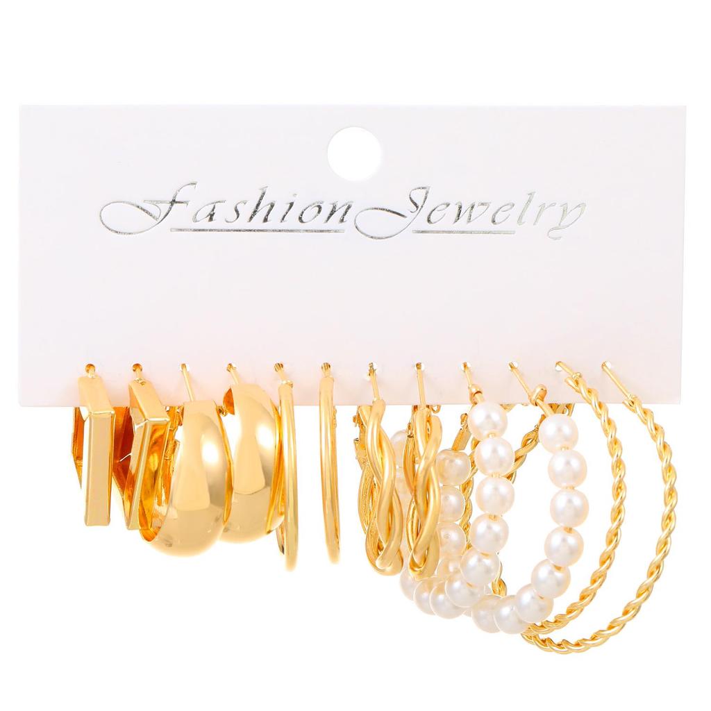 XP17 Women's Retro Geometric Butterfly Pearl Hoop Earrings Set