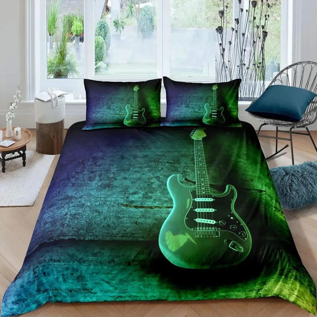 Guitar Duvet Cover Set Music Theme Bedding Set Microfiber Vintage Grey Guitar On Wooden Floor Queen King Size Quilt Cover Set