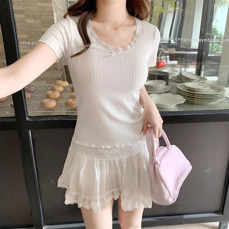 U-neck collarbone pure desire sweet hottie lace short-sleeved t-shirt women's spring and summer design short front shoulder bm small top