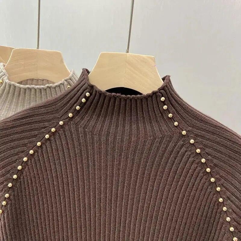 Half High Neck Studded Bead Bottom Sweater Pullover Women Autumn and Winter Fashion Style Knitwear Sweater Pullover Female Top