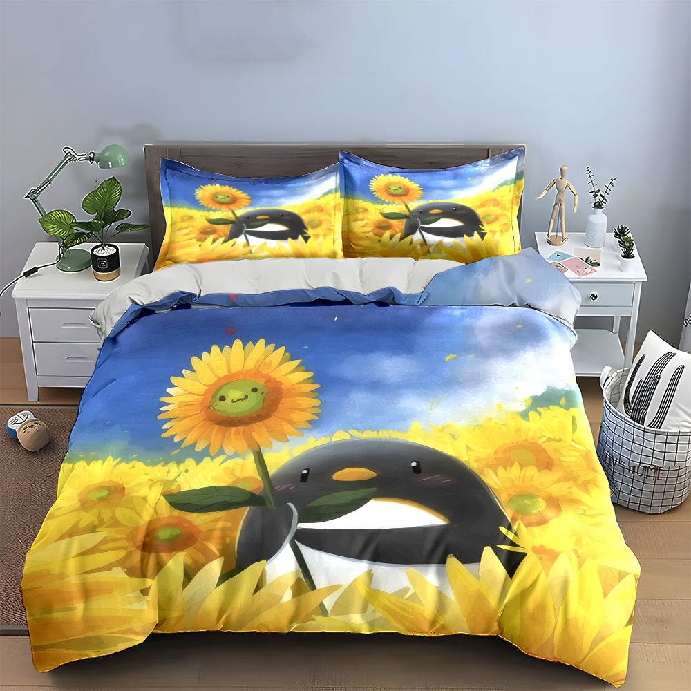 Penguin Sunflower Decor Set Soft Comfortable Duvet Cover Bedding Set Included 1*Duvet Cover & 2*Pillowcases, Gift