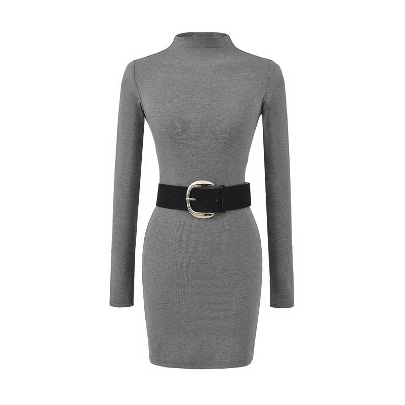 Elegant Women s Slim-Fit Belted Dress - Hip-Hugging, Half-High Collar, Short Skirt Medium