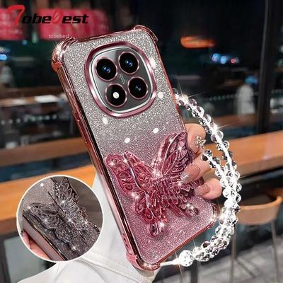 Shockproof Glitter Plating Case for Xiaomi Redmi Note 15 Pro Plus 5G 3D Butterfly Phone Holder Bead Bracelet Back Cover