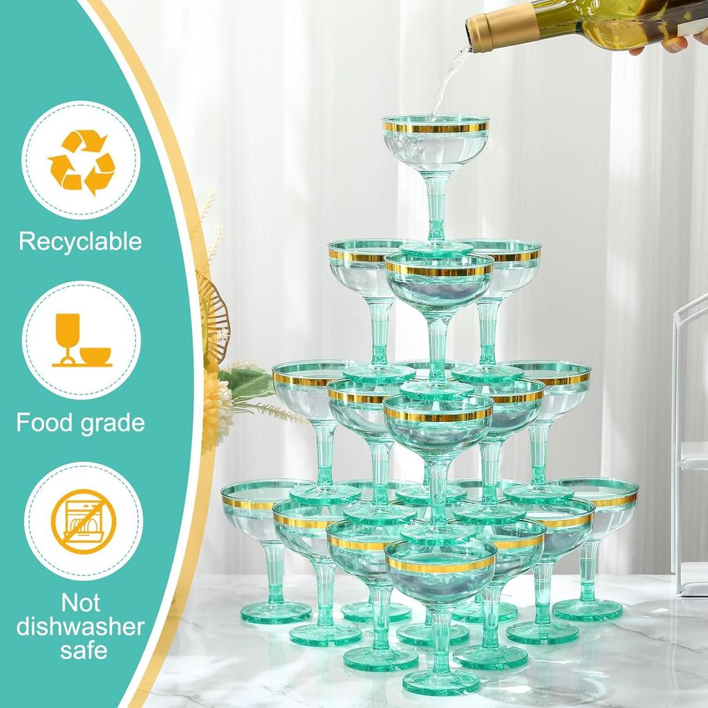 30 Pcs Sage Green 5 oz Plastic Champagne Glasses - Disposable Stackable Stemmed Martini Coupe for Wedding Birthday Halloween Par