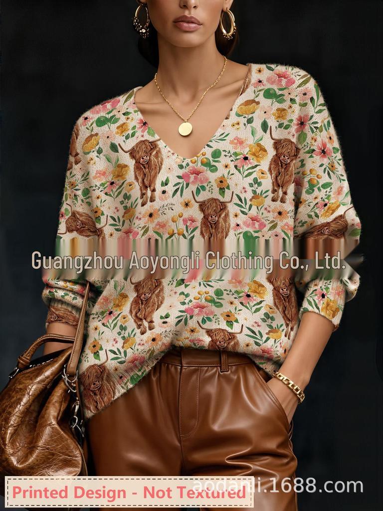 Autumn/Winter Casual Loose Knit Long Sleeve V-Neck with All-Over Non-Crocheted Print