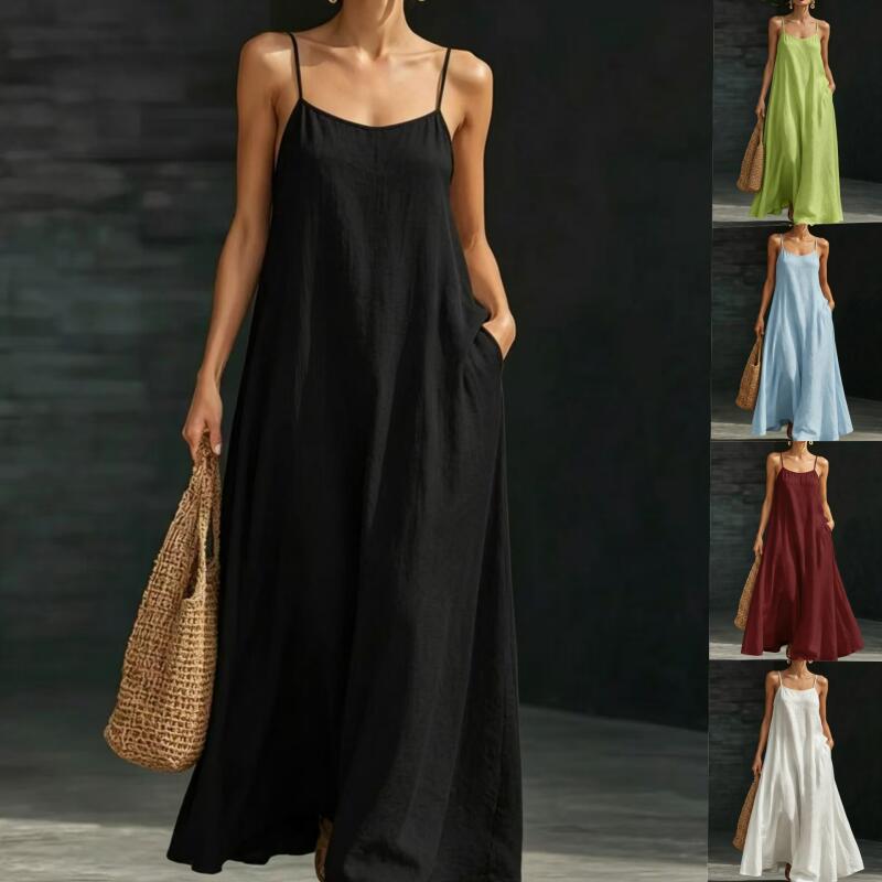 Women's Loose Fit Sleeveless Maxi Dress Casual Spaghetti Strap Long Sundress with Pockets for Summer Beach Holiday