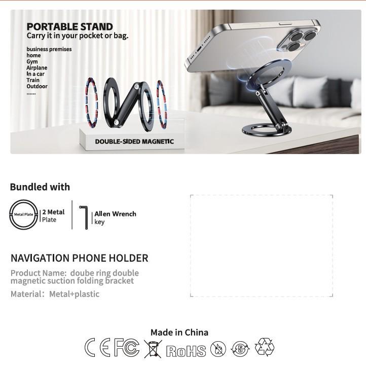 Dual-Sided Magnetic MagSafe Phone Stand: Strong & Versatile for Desk, Gym, Car, or Wall.