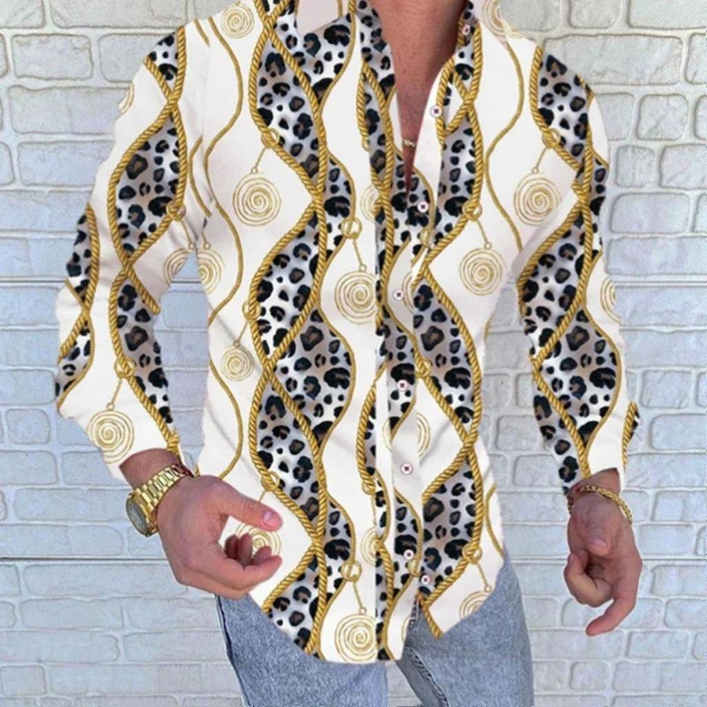 Stylish long-sleeve shirt with leopard & gold chain print, trendy casual wear.