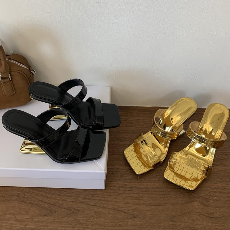 Eilyken Design Style Fretwork High Heels Square Toe Woman Slippers Fashion Summer Banquet Dress Slide Shoes