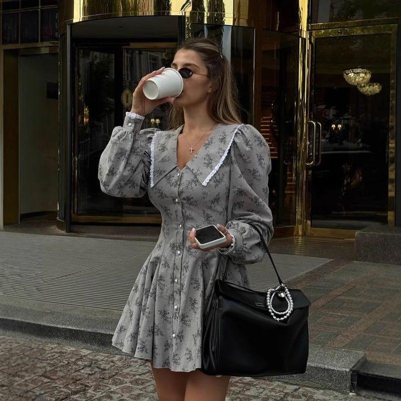 

French style Dress Women Fashion Lace Long sleeve Doll Collar Patchwork Hip Skirt Waist Hugging Slimming Floral Short dress Women Grey L