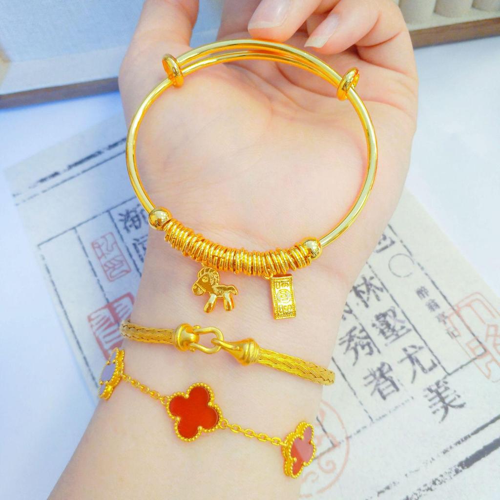 Ping An Xi Le Push-Pull Bangle: Women's Imitation Vietnamese Sand Gold Bracelet with Solid Core.