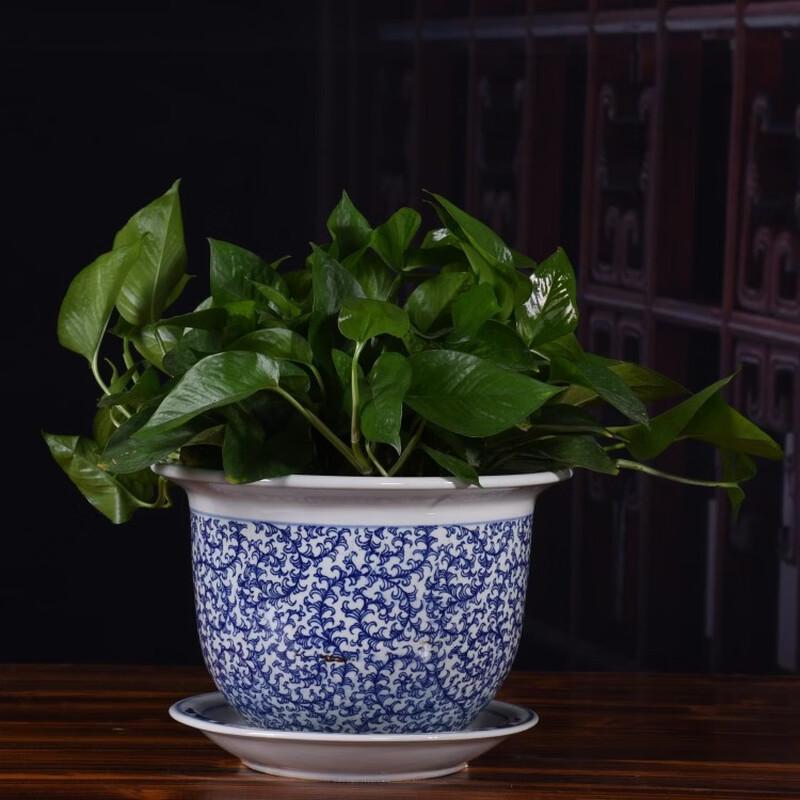 HC Ceramic Flower Pot with Tray - Blue and White Lotus