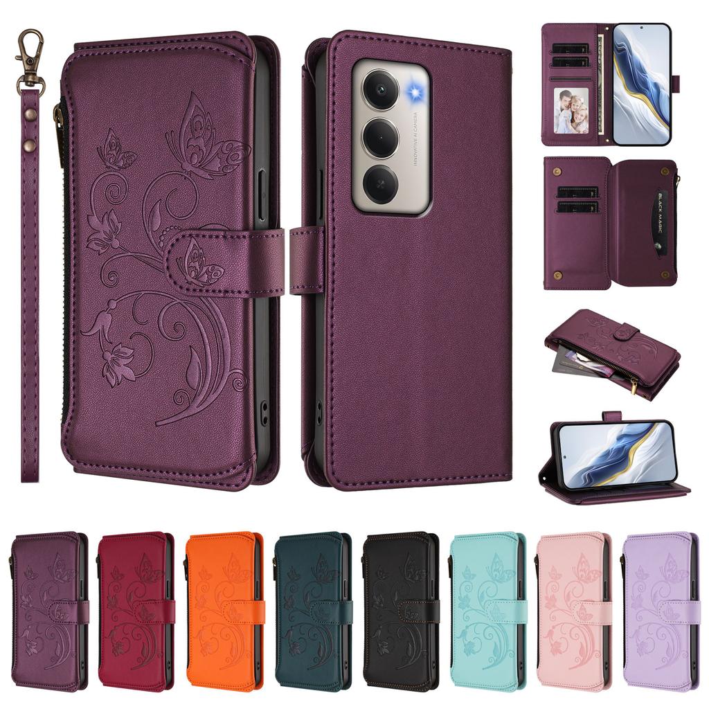 Pro Xiaomi Redmi 15 4G (EU) (171 mm) Kožené pouzdro Motýlí květinový potisk Peněženka na zip Stojánek Kryt s poutkem na zápěstí