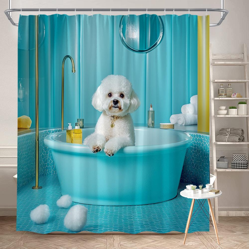 

3D Cute Dog In Bathtub Waterproof Shower Curtain For Kids Bathroom Decor Accessories With Blue Theme And Fun Design W60H190(CM)-1 Pcs
