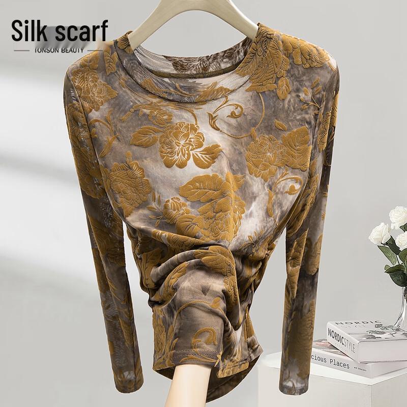 Sibaisha Floral Flocked Mesh Long Sleeve T-Shirt S