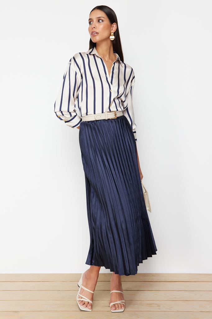 Women's Fashion New Skirt Pink Pleated Satin Maxi Woven Skirt