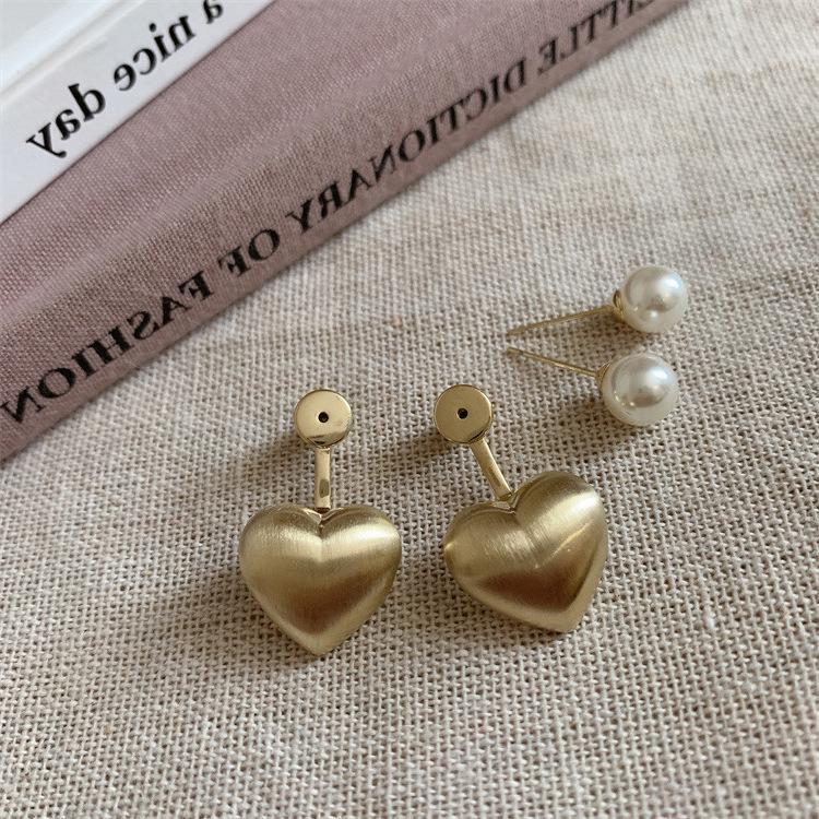 Elegant French Brushed Metal Heart & Pearl Earrings for Women