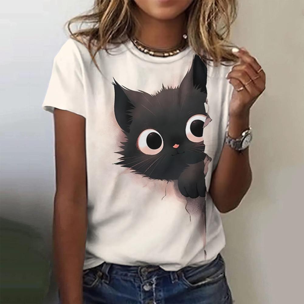 Damen T-Shirt 3D Niedliches Tier Mode Katze Print T-Shirt Sommer Top Lässig Kurzarm Y2k Übergroße Kleidung