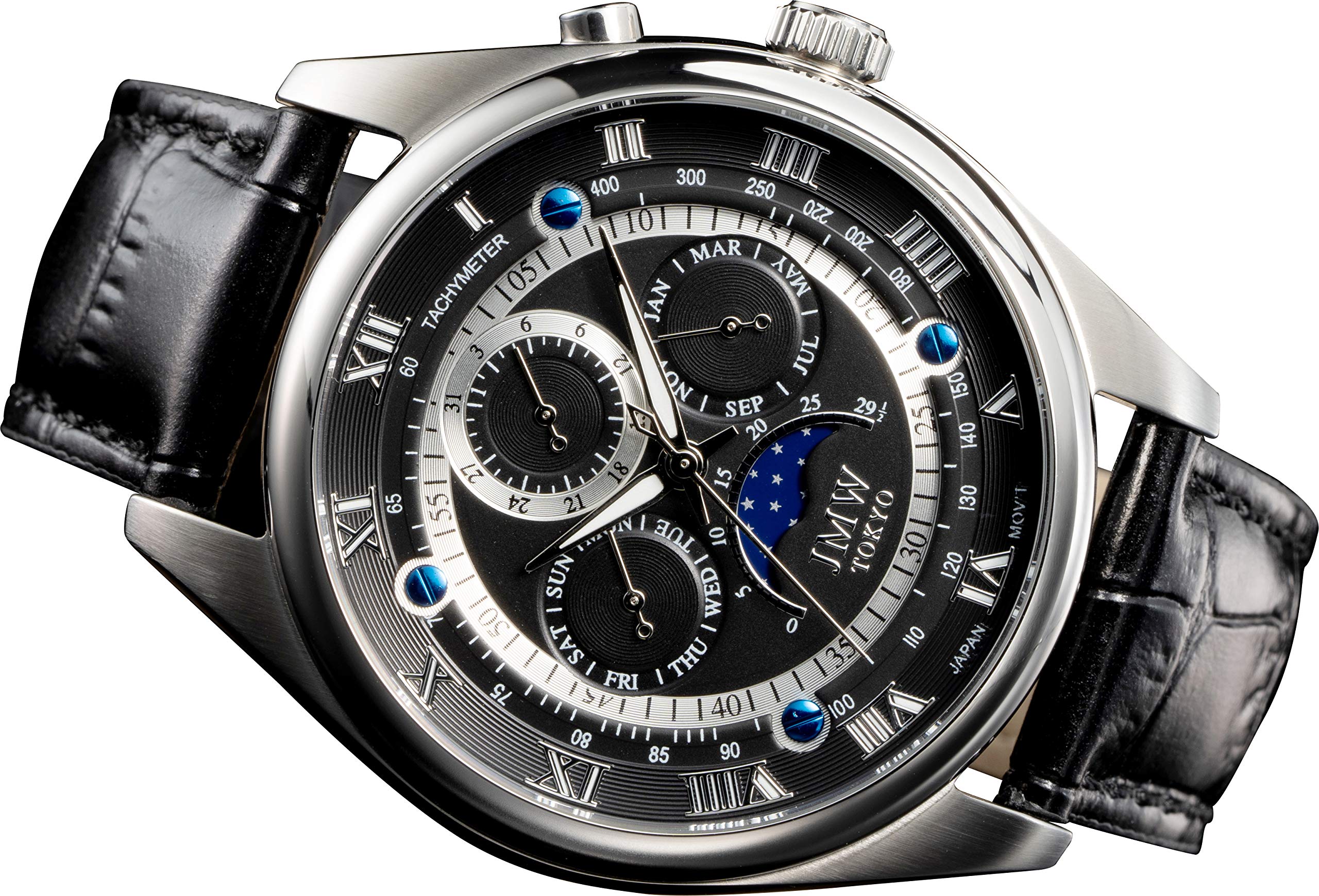 

Мужские часы JMW TOKYO с фазой Луны, японский механизм, водонепроницаемость 100 м, ремешок из натуральной кожи, римские цифры, черно-серебристые [Ограниченная серия 300 штук]