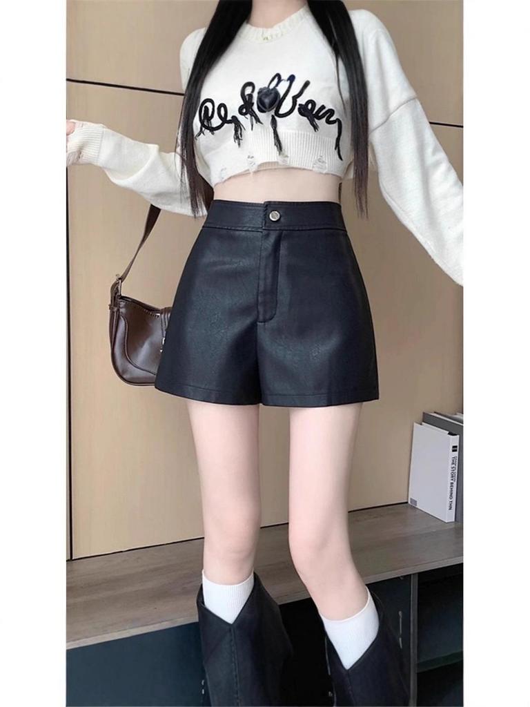 2023 Women's High Waist Slimming PU Leather Hot Pants - Sexy Black Petite Leggings