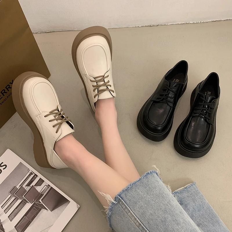 Fashion Platform Loafers Women Shoes Spring Anti-Slip Small Leather Shoes for Women Classic Round Toe White Women's Casual Shoes