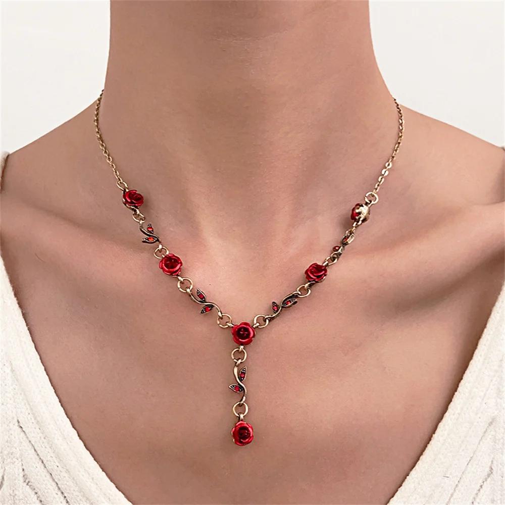 Vintage Red Rose Flower Necklace Bracelet Earring Jewelry Set for Women Tassel Earring Clavicle Chain Wedding Engagement Jewelry