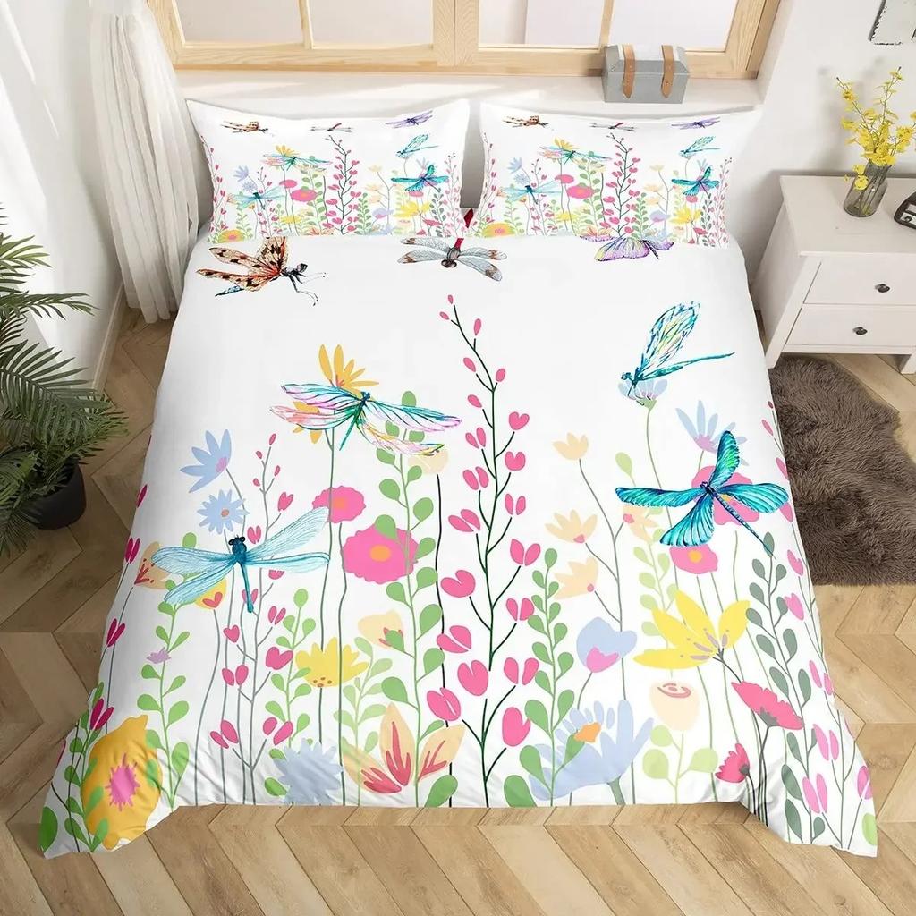 Boho Dragonfly King Queen Duvet Cover Cute Flower Love Heart Bedding Set Watercolor Floral Rustic Style Polyester Quilt Cover