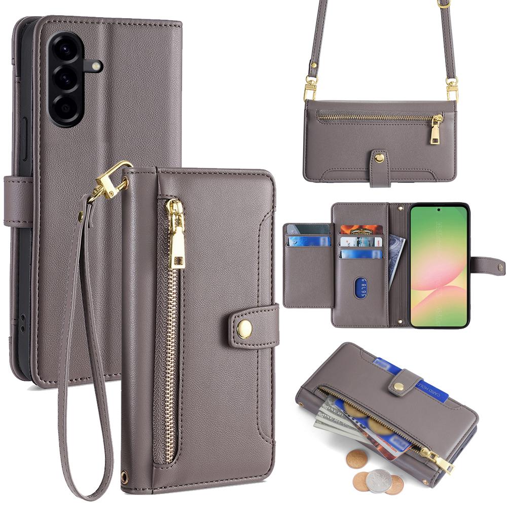 For Samsung Galaxy A56 5G Case Zipper Pocket Wallet Leather Phone Cover with 2 Straps
