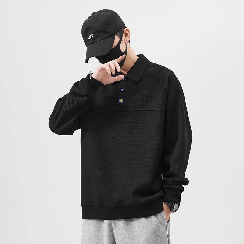 Men's Sweater Pullover Spring and Autumn Lapel Korean Fashion Polo Shirt Loose Long Sleeve Coat Men