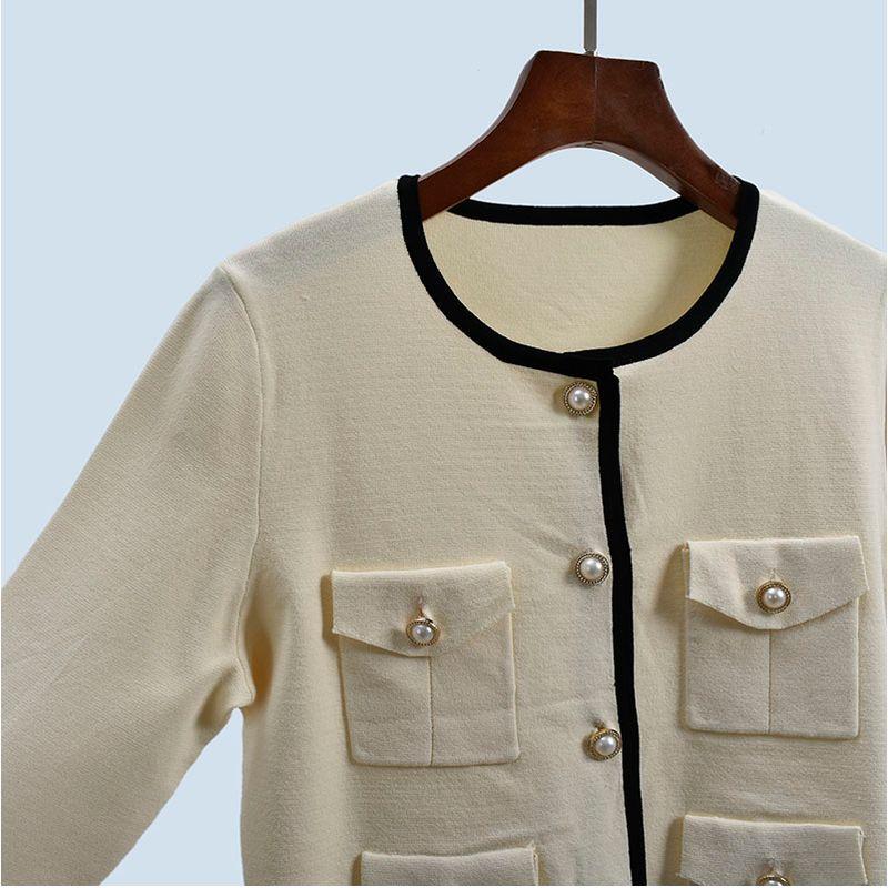 Round Neck Qu Zhu Single-Breasted Short Loose Long Sleeves Cardigan Spring & Fall Women's Outer Wear Contrast Color Fashion Stylish