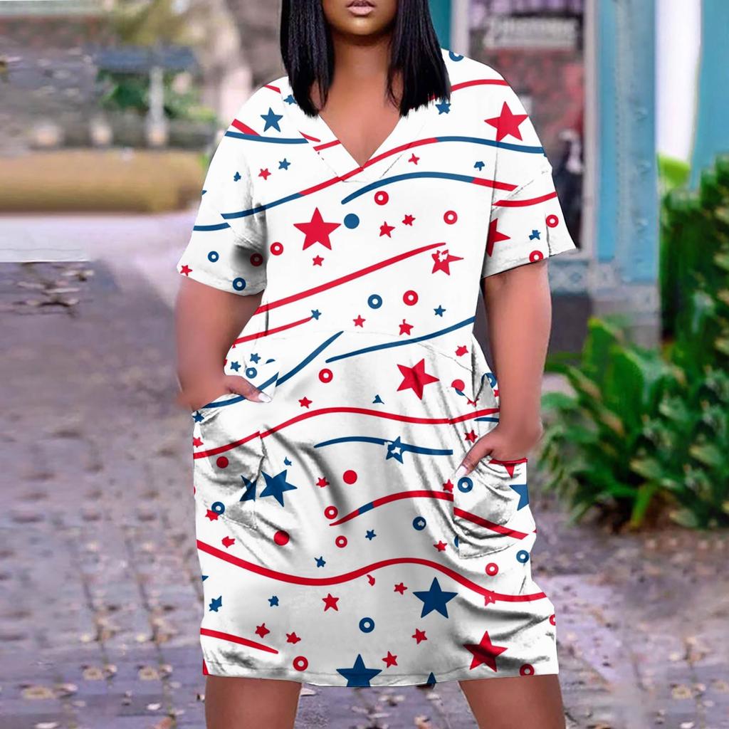 Summer Plus Size V Neck Short Sleeve Knee Pocket Gradient Print Casual Dress For Women