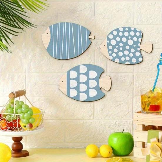 3 Pcs Wooden Fish Wall Decor Beach Nautical Coastal Theme Blue Fish Wall Sculpture Vintage Lake House Wall Art for Bathroom Living Room
