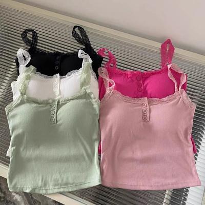 Canottiera da donna patchwork con pizzo estivo, senza maniche, con bottoni, colore unito