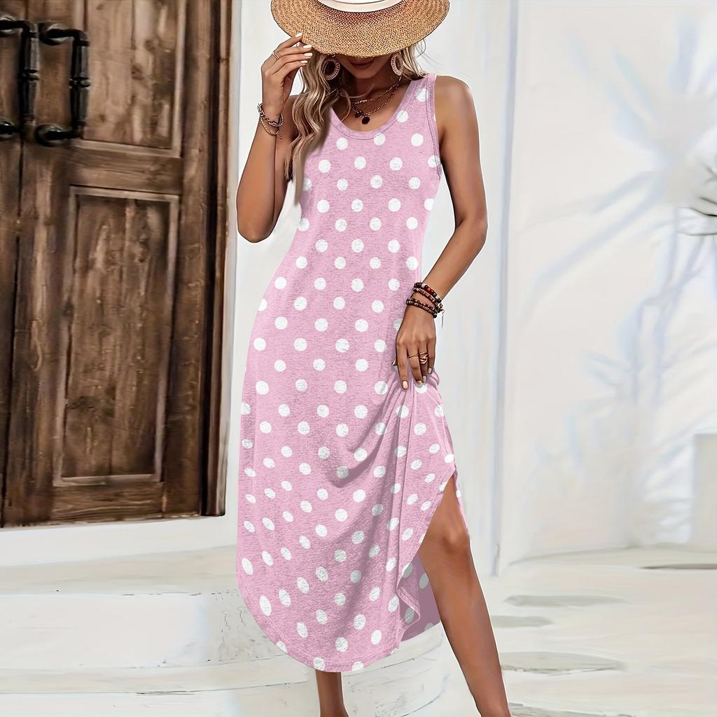 Women Sleeveless Maxi Dress Loose Fit Casual Polka Dot Print Long Dress Side Slit Summer Beachwear Comfortable Lightweight