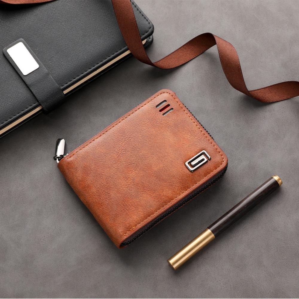 New PU Leather Short Wallet Zipper Large-capacity Coin Purse Solid Color Money Bag Man